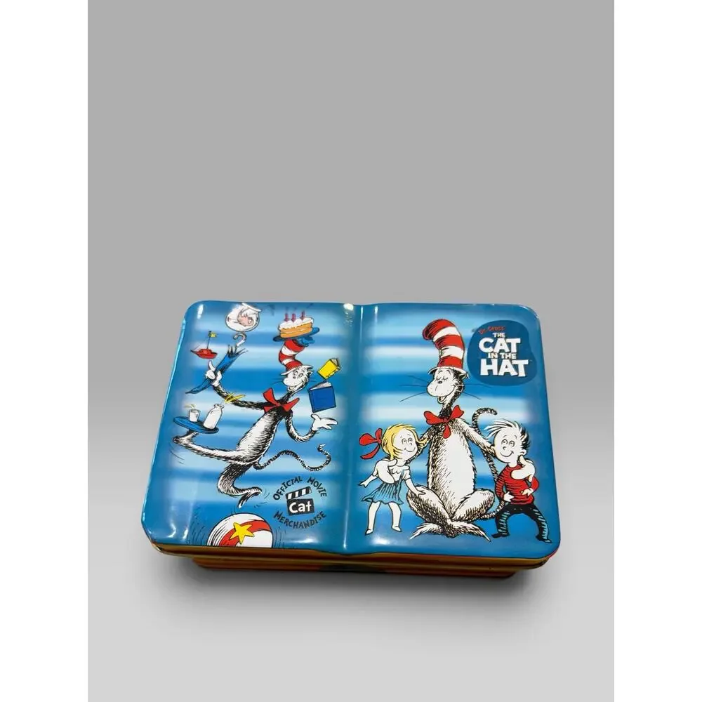 Vtg 2003 Dr Seuss Cat in the Hat Book Shape Metal Tin Container Giftco Movie